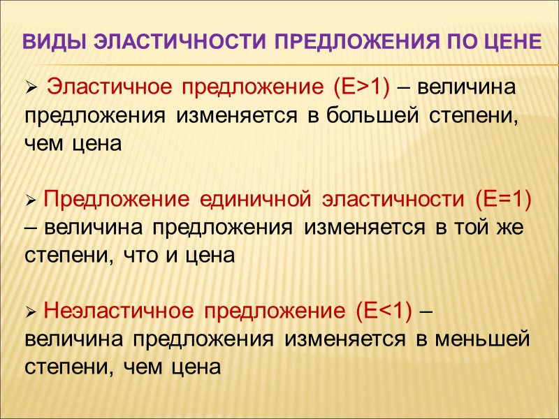 Виды эластичности предложения по цене  Эластичное предложение (Е>1) – величина предложения изменяется в